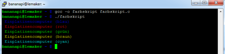 Farbskript in C (Screenshot Banana Pi, Raspbian)
