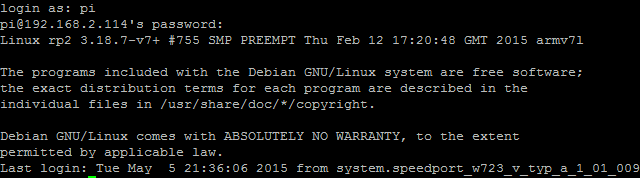 Raspberry Pi SSH Login (Screenshot Putty)
