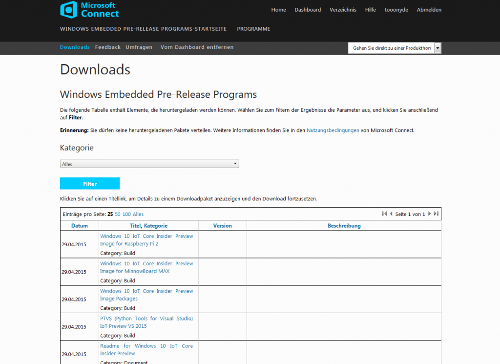 Microsoft Connect - Download Windows 10 IoT for Raspberry Pi (Screenschot: connect.microsoft.com)