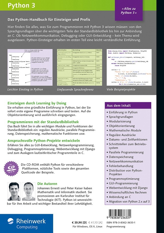 Python 3: Das umfassende Handbuch, Cover Rückseite (Bild: Rheinwerk Verlag)
