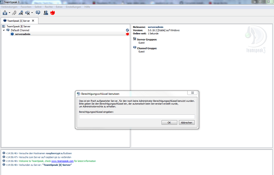 Teamspeak Server Berechtigungsschlüssel eingeben