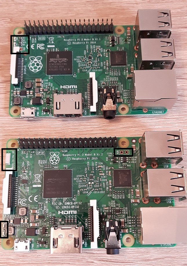 Raspberry Pi 2 Model B (oben) vs. Raspberry Pi 3 Model B (unten), Vorderseite