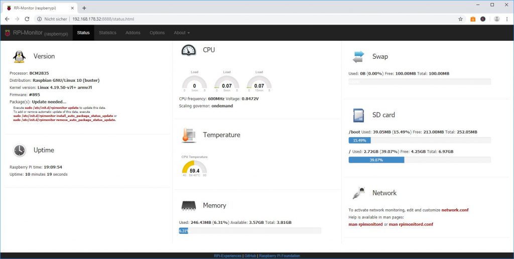 RPi-Monitor nach der Installation
