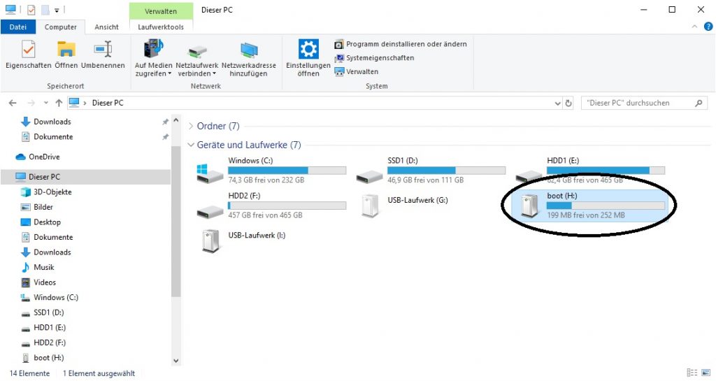 Windows Raspbian Partitionen (Boot Partition unter "Dieser PC"